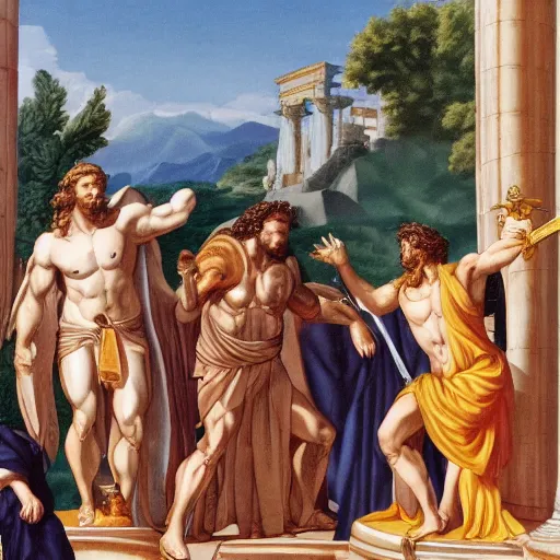 Image similar to hercules gives achilles the side - eye while they wait in line to worship at zeus's feet, throne of olympus, heavenly marble, gods and goddesses in elegant clothes