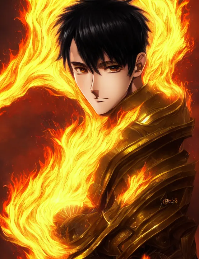 Image similar to a detailed manga portrait of a black haired man with hazel eyes in gleaming golden armour that burns with golden fire, trending on artstation, digital art, 4 k resolution, detailed, high quality, sharp focus, hq artwork, coherent, insane detail, character portrait