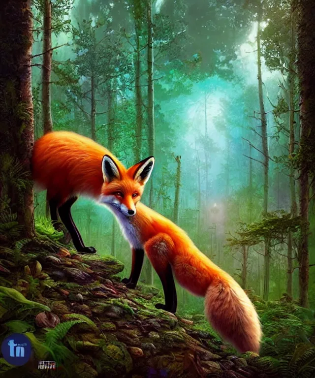 Image similar to a single realistic fox, walking through a psychedelic forest, wide angle landscape shot, pixar style by tristan eaton, artgerm and tom bagshaw