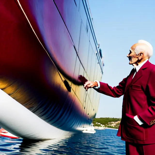 Image similar to wrinkled hunchbacked old man in musty burgundy suit, polishing painting the side of a huge gold plated mega yacht with a cloth, maintenance photo