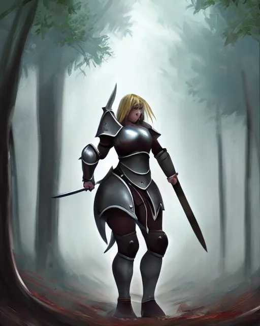 Image similar to concept art of a thicc girl knight in a epic pose, wearing heavy medival knight armor, holding a long sword, walking through a foggy oak forest | | epic - fine - clean, polished, trending on artstation, brush strokes