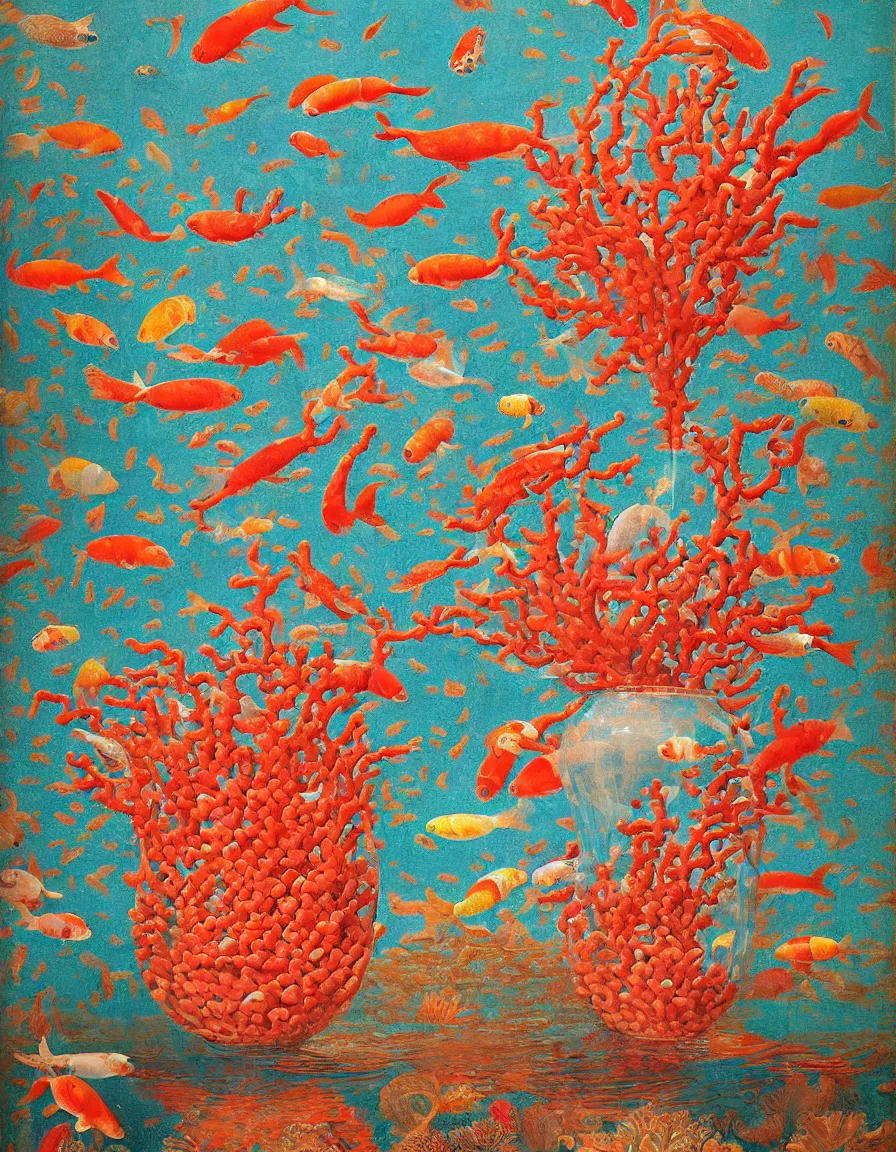 Prompt: transparent vase of coral in the sky and under the sea decorated with a dense field of stylized scrolls that have opaque red outlines, with colorful shells and koi fishes, ambrosius benson, oil on canvas, hyperrealism, light color, no hard shadow, around the edges there are no objects