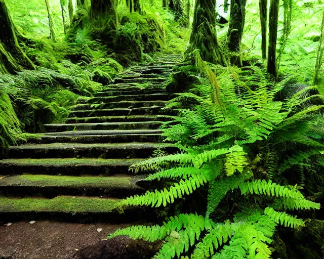 Image similar to Fern canyon in Oregon, stone stairway, overgrown lush plants, atmospheric, cinematic, by Studio Ghibli