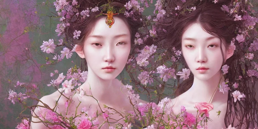 Image similar to breathtaking detailed weird concept art painting of the goddess of light pink flowers, orthodox saint, with anxious, piercing eyes, ornate background, amalgamation of leaves and flowers, by Hsiao-Ron Cheng, Miho Hirano, extremely moody lighting, 8K