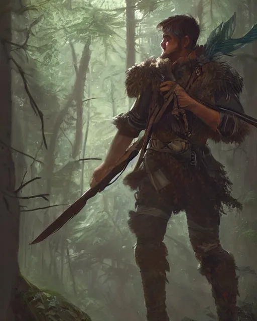 Prompt: a beautiful action portrait of a DnD-ranger hunting in a forest, face is brightly lit, by Greg Rutkowski and Raymond Swanland, Trending on Artstation, ultra realistic digital art