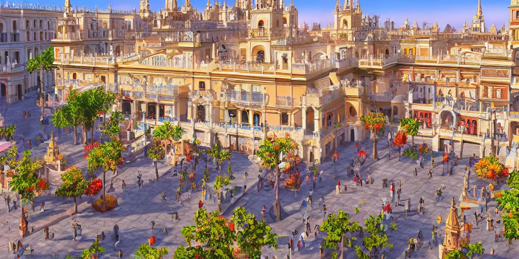 Prompt: ultra detailed and realistic painting of la plaza nueva ( seville ) inspired by very beautiful cute and colored disney movie backgrounds, rendered in 8 k unreal engine