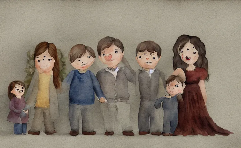 Image similar to storybook illustration of family portraits hanging on a wall, watercolor, sepia tints