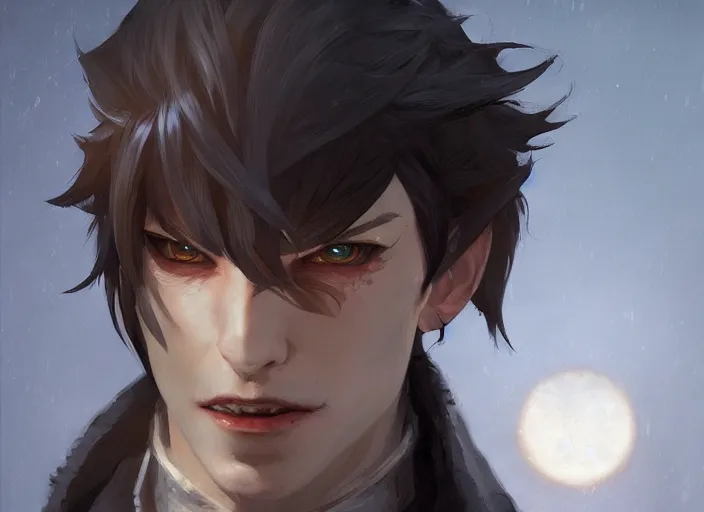 Image similar to portrait of a male vampire rogue, intricate, headshot, key visual, conceptart, ambient lighting, highly detailed, digital painting, artstation, concept art, sharp focus, by makoto shinkai and akihiko yoshida and greg manchess