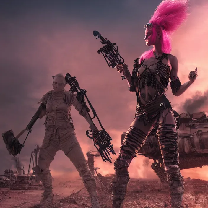 Image similar to realistic beautiful apocalyptic woman with pink Mohawk, standing on mad max panzer tank, 4k ultra hd, fantasy dark art, tank girl, artstation, octane render