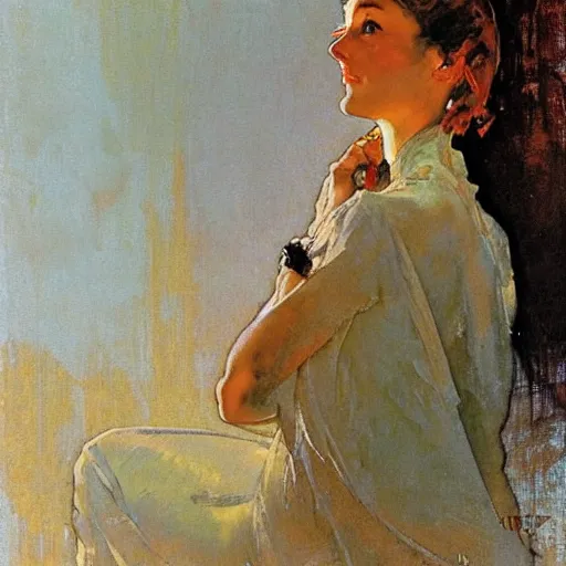 Image similar to abstract portrait of a beautiful woman by norman rockwell, greg manchess, mucha