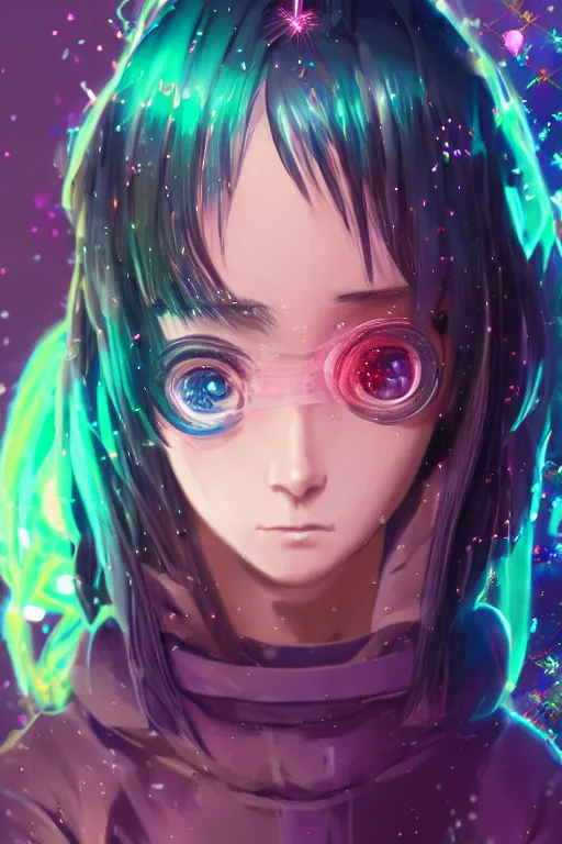 Image similar to portrait of arya stark as a 3d anime character with cute sparkly eyes wearing a psychedelic holographic hoodie long hair with pastel colors in the style of code vein by Kurumi Kobayashi Koichi Itakura, 3d anime, octane render, dynamic dramatic lighting with glitch and chromatic abbreviations artstation cgsociety imaginefx by anime concept artist rendered in unreal engine by WENJR WLOP artgerm