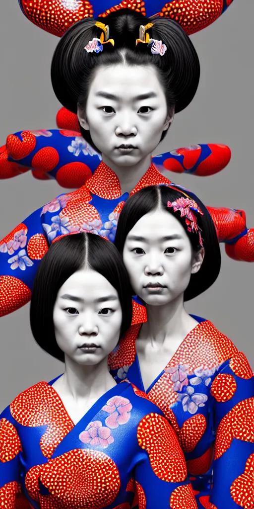 Image similar to hyperrealistic detailed image of a geisha twins in a art installation room, hd smooth interior by yayoi kusama, part by kei mieno, part by ross tran, dark art by james jean, ultra realistic, highly detailed, life like face, detailed body, 8 k, 3 d render by roger magrini, masterpiece