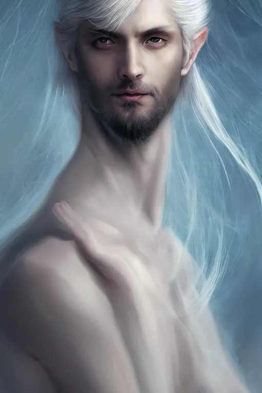 Prompt: white haired robe fu xi full male front body portrait, distant view, very long white beard and hair, long hair shawl, fine kindness delicate prefect face features gaze, piercing eye, elegant, style of tom bagshaw, cedric peyravernay, peter mohrbacher, victo nga, 4 k hd illustrative wallpaper, animation style, chinese style