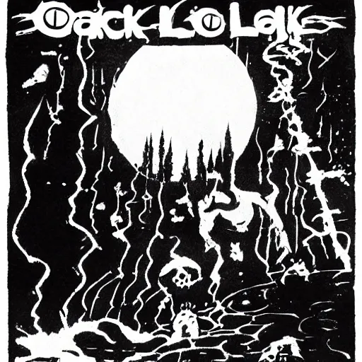 Prompt: A pitch black lake, reflecting the moon. Dark Fantasy, Film Noir, Black and White. High Contrast, Mike Mignola, D&D, OSR