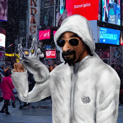 Image similar to realistic ice sculpture of snoop dog in times square, photorealistic, 8 k resolution, high detail