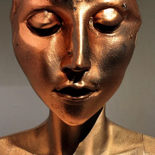 Prompt: The installation art is an abstract portrait of a woman. The woman's face is divided into two halves, one half is black and the other is white. The woman's eyes are large and staring. The installation art is full of energy and movement. copper, patina by Yoshitaka Amano dull