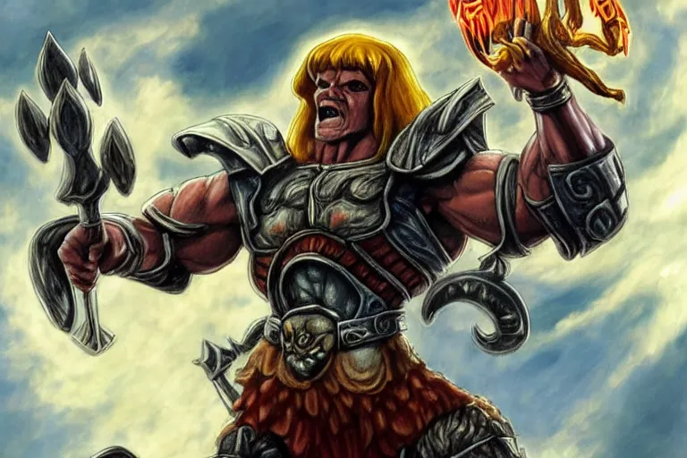 Prompt: realistic he - man, holding the power of grayskull, award winning photo, hd, high detailed
