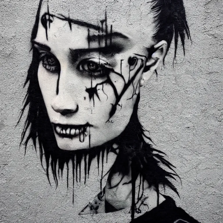 Image similar to Street-art portrait of The Girl with the Dragon Tattoo in style of Banksy, photorealism