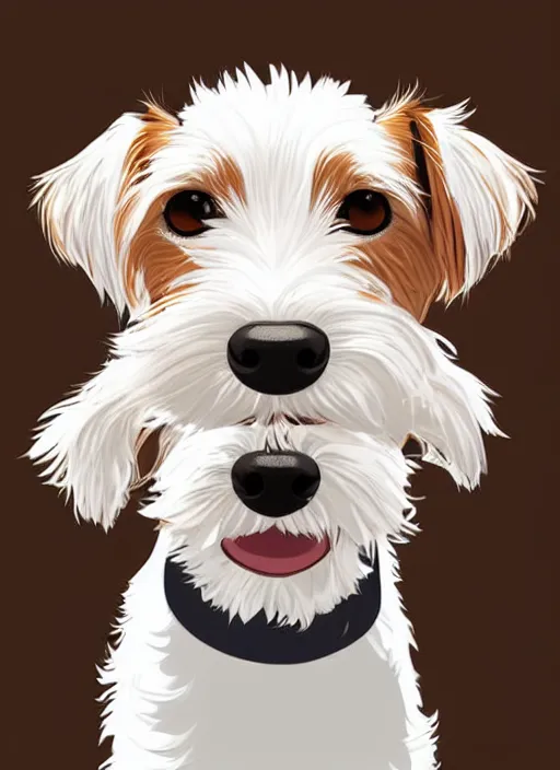 Image similar to a very cute wire haired jack russell terrier puppy. he is white with brown spots and brown patches over both eyes. clean cel shaded vector art. shutterstock. behance hd by lois van baarle, artgerm, helen huang, by makoto shinkai and ilya kuvshinov, rossdraws, illustration, art by ilya kuvshinov