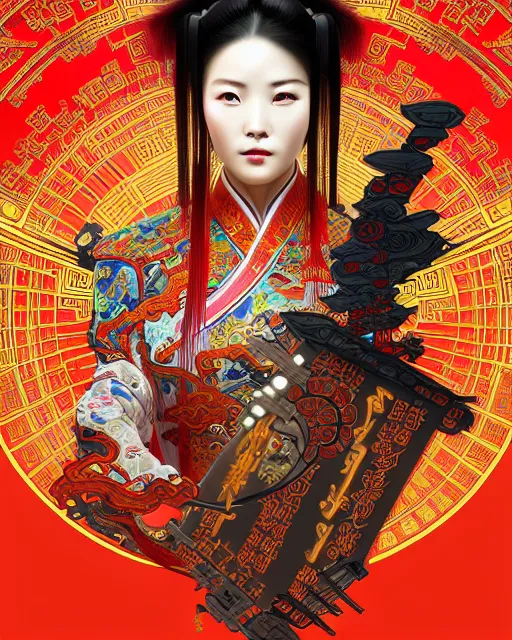 Image similar to portrait of a chinese cyberpunk machine, machine face, upper half portrait, decorated with chinese opera motifs, regal, asian, fine china, wuxia, traditional chinese art intricate intense elegant 京 剧 highly detailed digital painting artstation concept art smooth sharp focus illustration, art by artgerm and greg rutkowski alphonse mucha 8 k