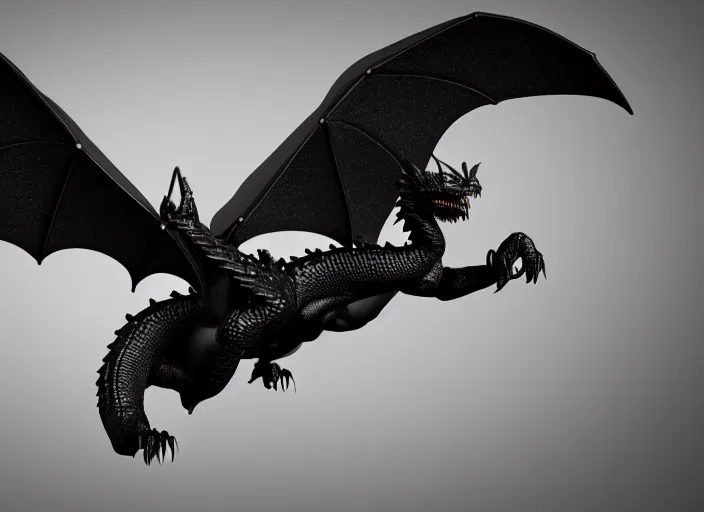 Image similar to A flying black dragon, 3d render, detailed, blender, cinematic
