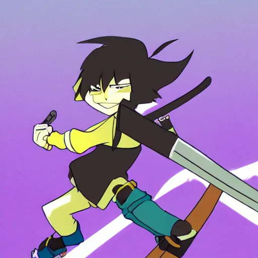 Prompt: skater character with katana in hands, cartoon stylised proportions by hiroyuki imaishi 今 石 洋 之 gainax studio trigger and yoh yoshinari animation art