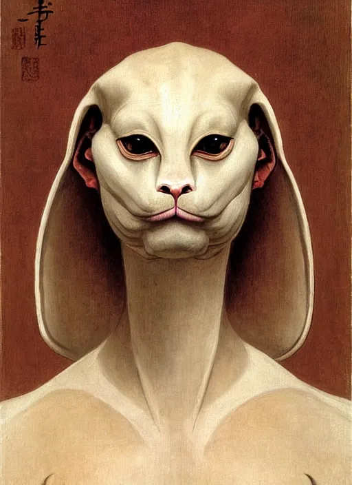 Image similar to portrait of a sphinx cat is a chinese dragon in armor and helmet, majestic, solemn, symmetrical, detailed intricate, hyper realistic, by bouguereau