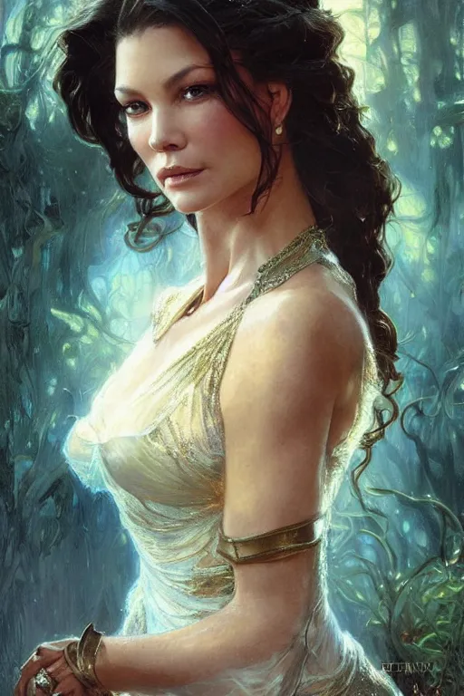 Image similar to young Catherine Zeta-Jones portrait, fantasy, elegant, intricate, by Stanley Artgerm Lau, greg rutkowski, thomas kindkade, alphonse mucha, loish, norman Rockwell