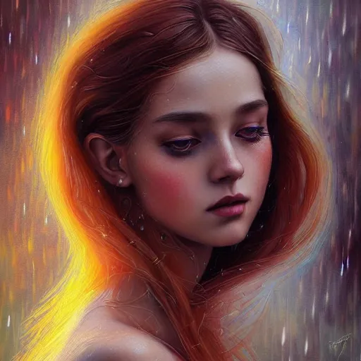 Image similar to highly detailed painting of a beautiful young woman, dancing in the rain, intricate, high quality oil painting artstyle, in the style of anna dittmann, deviantart, figurative art, deviantart, ilya kuvshinov, lovecraftian, very detailed face, portrait