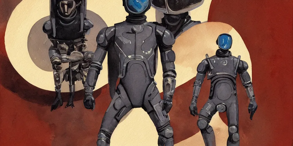 Image similar to male, full body, modern space suit, intriguing helmet, very stylized character design, the expanse tv series, large shoulders, short torso, long thin legs, tiny feet, science fiction, hyperdetailed, technical suit, dieselpunk, watercolor digital painting, in the style of mike mignola, by alex maleev, in the style of jean giraud