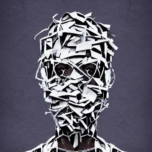 Image similar to face shredded like paper news, dark, surreal, illustration, by ally burke