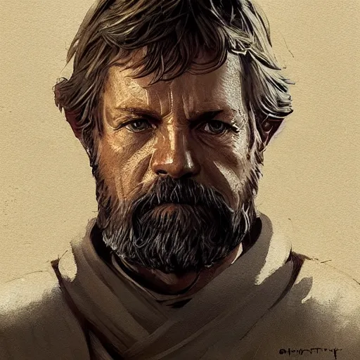 Prompt: portrait of a man by Greg Rutkowski, old jedi Master Luke Skywalker from Star Wars Expanded Universe, he is about 60 years old, wearing tactical jedi gear, highly detailed portrait, digital painting, artstation, concept art, smooth, sharp foccus ilustration, Artstation HQ