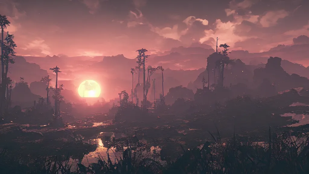 Image similar to beautiful Nier Automata landscape, sunset