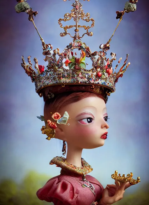 Image similar to closeup portrait of tin toy fairytale princess wearing a crown, depth of field, zeiss lens, detailed, symmetrical, centered, fashion photoshoot, by ray caesar, nicoletta ceccoli, mark ryden, lostfish, breathtaking, 8 k resolution, extremely detailed, beautiful, establishing shot, artistic, hyperrealistic, octane render