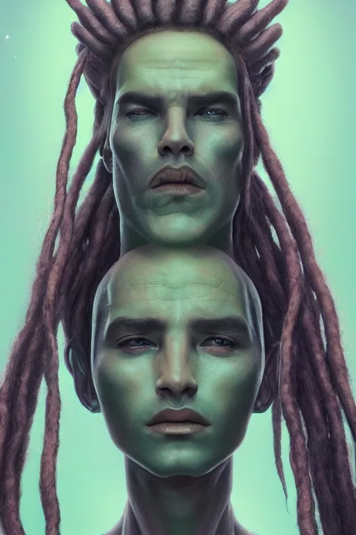 Image similar to portrait of an alien king with dreads snake hair, straight on portrait, by artgerm, tom bagshaw, gerald brom, vaporwave colors, lo fi colors, vaporwave, lo fi, 2 point studio lighting, dramatic lighting, 4 k, hd,