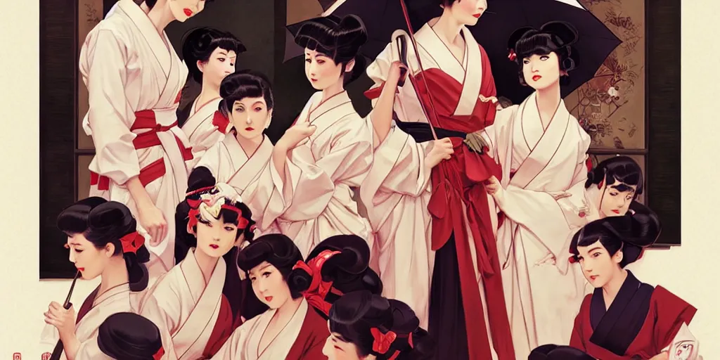 Image similar to geisha school, in the style of studio ghibli, j. c. leyendecker, greg rutkowski, artgerm