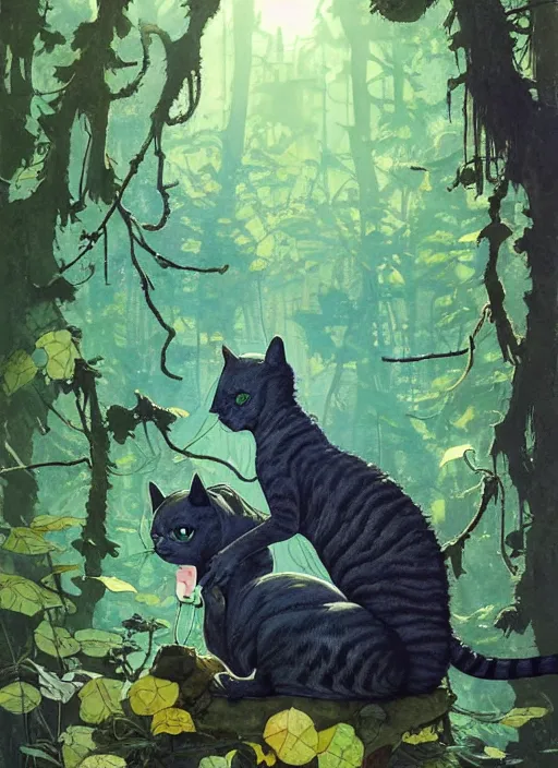 Image similar to a hyper realistic ink cat alien technology and sunbeams blue sky, lush forest foliage painting by chiara bautista and norman rockwell and greg rutkowski weta studio, and lucasfilm