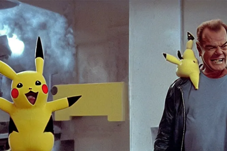 Image similar to Jack Nicholson plays Pikachu Terminator, Terminator's endoskeleton gets exposed and his eye glows red, scene from the film finale