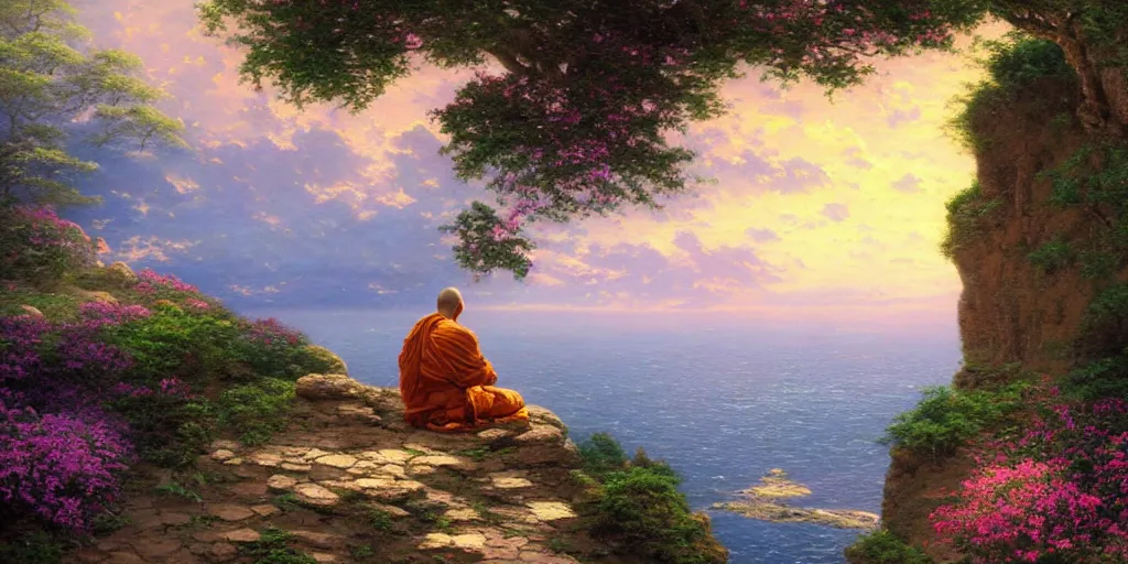 Prompt: a monk sits alone on the cliff ledge in the lotus position looking out onto a vast ocean, by thomas kinkade, wide angle, cinematic lighting, detailed oil painting
