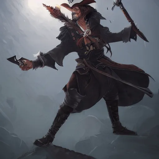 Image similar to Full body shot of pirate Captain wielding a sandstone rapier and sandstone dagger. Wearing a hat with an impressive feather and with a brutal scar across his neck. Dark magic, necromancy, dark lighting, flux. High fantasy, digital painting, HD, 4k, detailed by Ruan Jia