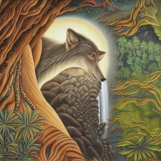 Image similar to an anthromorphic wolf meditating near an african zen waterfall by amanda sage, oil on canvas, 8k