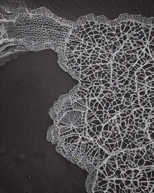 Image similar to a beach, made of intricate decorative lace leaf skeleton, shot from a drone, in the style of the dutch masters and gregory crewdson, dark and moody