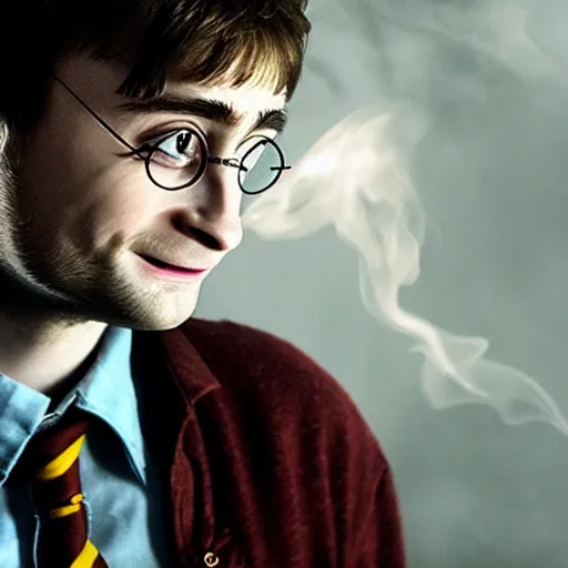 Image similar to daniel radcliffe as harry potter, smoking a fat blunt, accurate face, smoke cloud, photorealistic, cinematic lighting