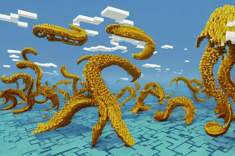 Prompt: giant squids battling in the sky, minecraft, 3 d render cinestill, highly detailed, 4 k