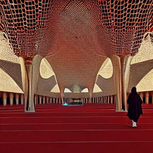 Image similar to interior of a futuristic lotus mosque cathedral with gold, red and white marble panels, in the desert, by buckminster fuller and syd mead, intricate contemporary architecture, photo journalism, photography, cinematic, national geographic photoshoot