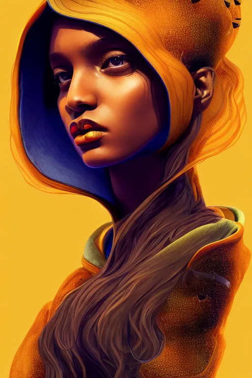 Image similar to 🐝👗👩🏾🦱👾, phantom, dreary, dramatic, fluid, golden ratio, artstation, peter chung + moebius + loish, hd, photorealistic, honeycomb, honey