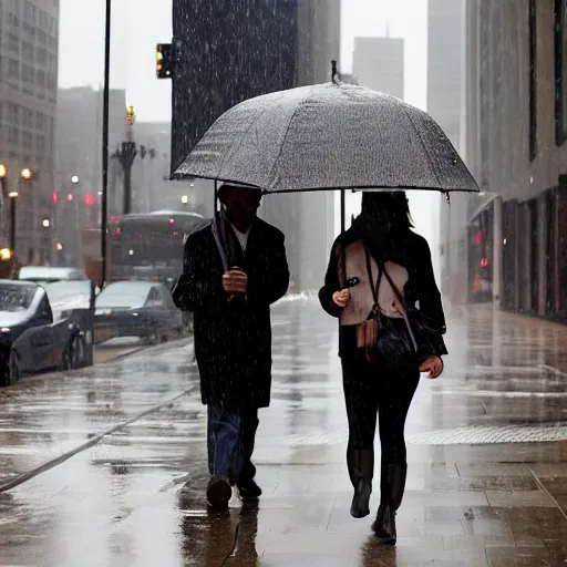 Image similar to rainy day on the miracle mile in chicago, view of the sidewalk ( on the right ) with the street and buildings on the left, all is grey and rainy, and the street is shiny. a well - dressed couple with an umbrella are hurrying towards the viewer.