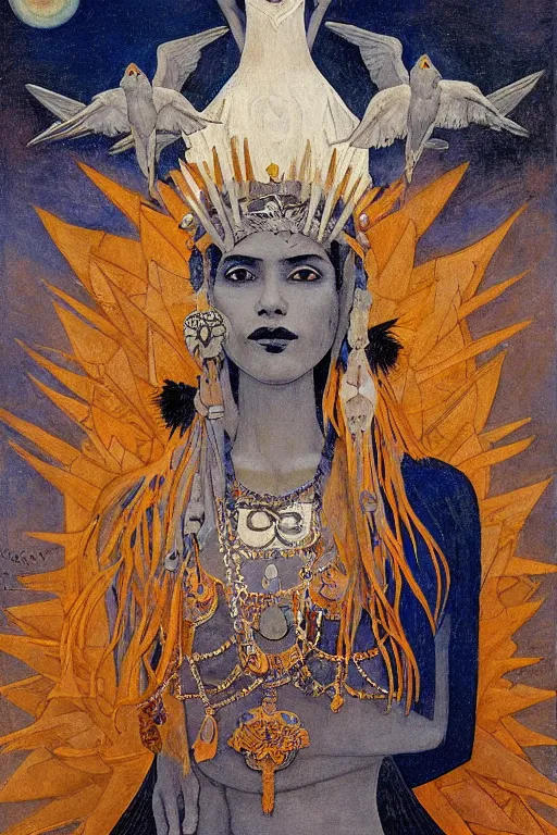 Prompt: punk queen of the crows with stars in her hair by Nicholas Roerich and Annie Swynnerton and Diego Rivera and jean delville and Carl Larsson, dramatic cinematic lighting , silver jewelry, ornate headdress, sacred artifacts, lost civilizations, smooth, sharp focus, extremely detailed