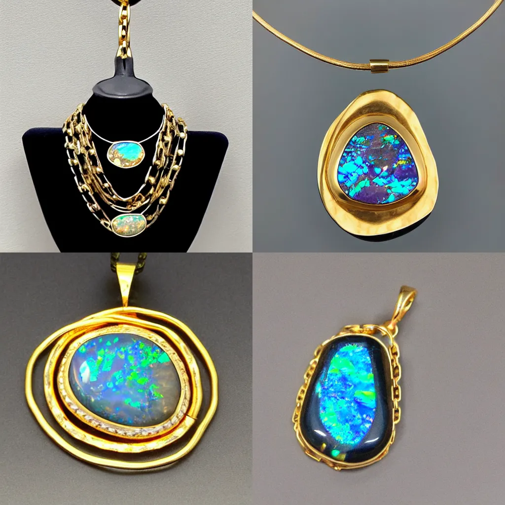 Prompt: beautiful pendant, made of boulder opal, gold link chain, clean modern design, museum lighting