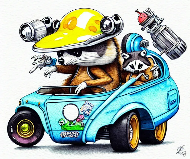 Image similar to cute and funny, racoon wearing a helmet riding in a tiny hot rod with oversized engine, ratfink style by ed roth, centered award winning watercolor pen illustration, isometric illustration by chihiro iwasaki, edited by range murata, tiny details by artgerm and watercolor girl, symmetrically isometrically centered, focused